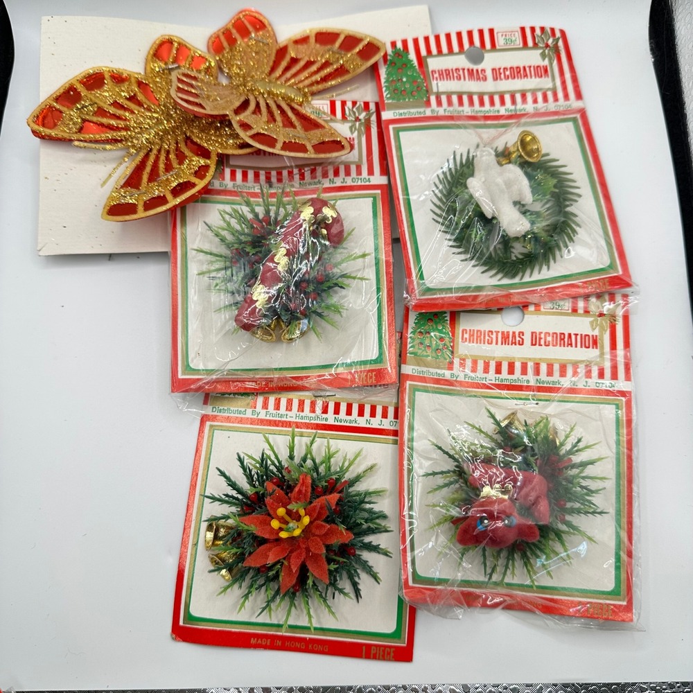 Vtg 70s Kitsch Christmas Tie On Trims Lot Wreath Retro Butterfly Ornaments